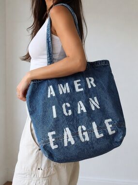 2000s American Eagle Denim Shoulder Tote | Y2K Slouchy Indie Sleaze Carryall Bag